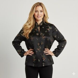 Vintage Chinese Black Satin Brocade Light Jacket - Small